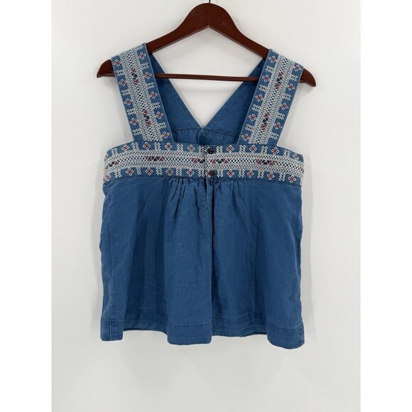 Madewell Embroidered Siesta Linen Blend Chambray Blue Smock Tank Top Size 4 EUC - Picture 2 of 13